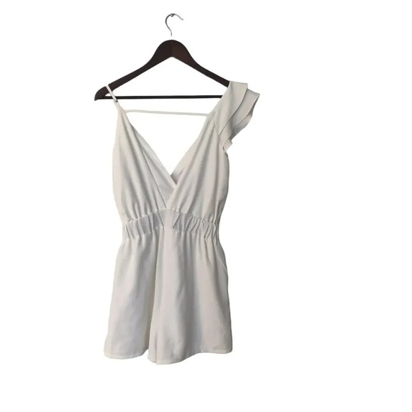 TCEC White Romper Ruffle One Shoulder Cap Short Sleeve V-Neck Size S - Picture 2 of 8